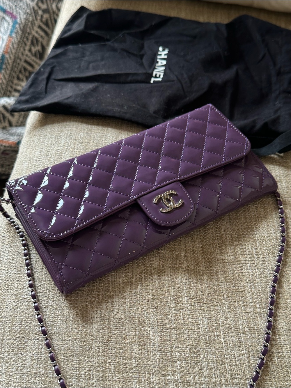 Chanel Purple Patent Quilted Leather CC Logo Long Flap Chain Bag
